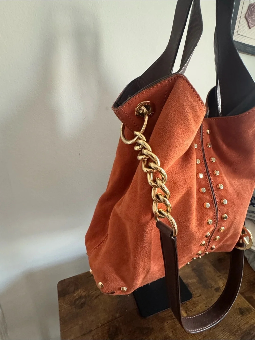 Michael Kors Orange Suede Studded Tote Bag with Gold Accents